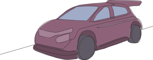 einer Linie Zeichnung von Rallye und treiben sportlich Limousine Wagen. Fahrzeug Transport Konzept. Single kontinuierlich Linie zeichnen Design png