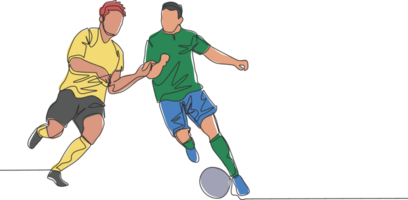 Single continuous line drawing of young energetic football player defending the ball from opponent player who want to seized it. Soccer match sports concept. One line draw design vector illustration png