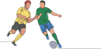 single doorlopend lijn tekening van jong energiek Amerikaans voetbal speler verdedigen de bal van tegenstander speler wie willen naar in beslag genomen het. voetbal bij elkaar passen sport- concept. een lijn trek ontwerp vector illustratie png