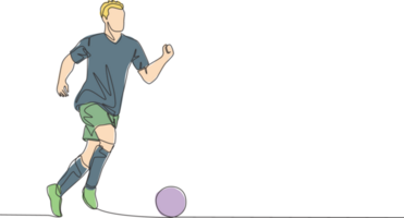 One continuous line drawing of young energetic football player dribbling and controlling the ball at the game. Soccer match sports concept. Single line draw design vector illustration png