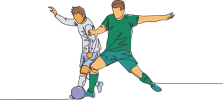 Single continuous line drawing of young energetic football player fighting for the ball at the competition game. Soccer match sports concept. One line draw design vector illustration png