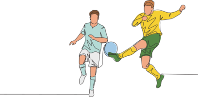 One continuous line drawing of young energetic football player doing ball clearance to keep his area safe from opponent attack. Soccer match sports concept. Single line draw design vector illustration png