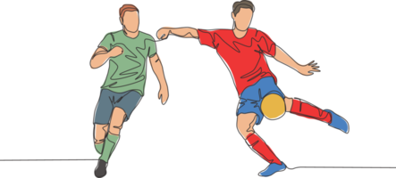 One continuous line drawing of young energetic striker kicking the ball but the defender try to block the shoot. Soccer match sports concept. Single line draw design vector illustration png