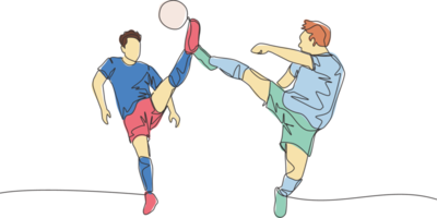 Single continuous line drawing of two young energetic opposite football players kick the ball together to get the ball. Soccer match sports concept. One line draw design vector illustration png