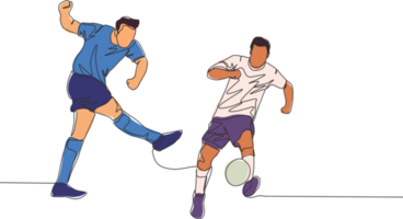 uno continuo linea disegno di giovane calcio attaccante tiro il palla e il difensore blocco il sfera. calcio incontro gli sport concetto. singolo linea disegnare design vettore illustrazione png