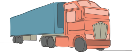 een lijn tekening van modern groot aanhangwagen vrachtauto met container. koerier lading leveren voertuig vervoer concept. single doorlopend lijn trek ontwerp png