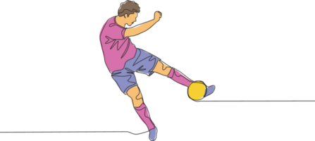 One continuous line drawing of young talented football player shooting the ball with first time kick technique. Soccer match sports concept. Single line draw design vector illustration png