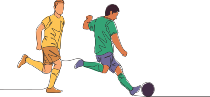 uno continuo línea dibujo de joven energético fútbol americano jugador pateando el pelota a pasar a su compañeros de equipo fútbol partido Deportes concepto. soltero línea dibujar diseño vector ilustración png