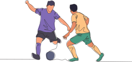 One continuous line drawing of young energetic football striker dribbling ball pass the opponent defender. Soccer match sports concept. Single line draw design vector illustration png