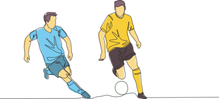 singolo continuo linea disegno di giovane energico calcio giocatore chasing avversario giocatore chi dribblato il palla passaggio lui. calcio incontro gli sport concetto. uno linea disegnare design vettore illustrazione png