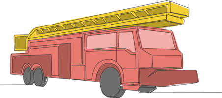 ett linje teckning av brand lastbil med slang och stege. offentlig säkerhet service fordon transport begrepp. enda kontinuerlig linje dra design png