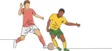 enda kontinuerlig linje teckning av ung energisk fotboll spelare dribblingar passera motståndare spelare och löpning till de rival område. fotboll match sporter begrepp. ett linje dra design vektor illustration png
