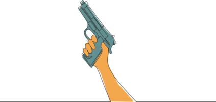 One continuous line drawing of man holding automatic hand gun. Defense weapon concept. Single line draw vector design illustration png