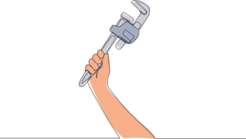 One single line drawing of man holding stainless steel pipe wrench. Handyman tools concept. Continuous line draw vector design illustration png