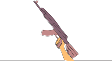 einer kontinuierlich Linie Zeichnung von Mann halten Angriff Gewehr automatisch Pistole. Verteidigung Waffe Konzept. Single Linie zeichnen Vektor Design Illustration png