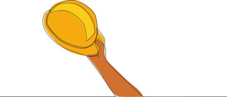 One single line drawing of man holding builder construction helmet. Worker safety tools concept. Continuous line draw vector design illustration png