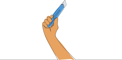 One single line drawing of man holding cutter knife. Handyman tools concept. Continuous line draw vector design illustration png