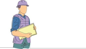 Single continuous line drawing of young attractive foreman controlling building development progress while holding clipboard. Building construction service concept one line draw design illustration png