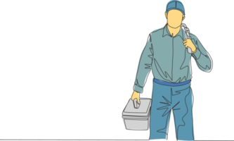 One continuous line drawing of young attractive plumber carrying tools box and ready to do home kitchen pipe service. House maintenance service concept single line draw design illustration png