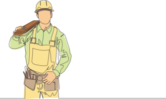 Single continuous line drawing of young handsome lumberjack on uniform carrying stack of wooden boards. Building construction service concept one line draw design illustration png