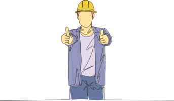 One single line drawing of young handsome handyman giving thumbs up finger gesture. Home renovation service concept continuous line draw design illustration png