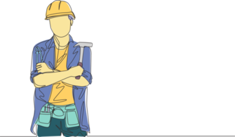 One continuous line drawing of young handsome craftsman holding hammer and pose crossing hands on chest. House maintenance service concept single line draw design illustration png