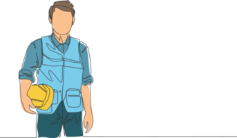 un continu ligne dessin de Jeune Beau architecte portant construction uniforme et gilet tandis que en portant casque. Accueil rénovation un service concept Célibataire ligne dessiner conception illustration png