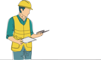 ett kontinuerlig linje teckning av ung stilig förman innehav läsplatta och walkie talkie. Hem renovering service begrepp enda linje dra design illustration png