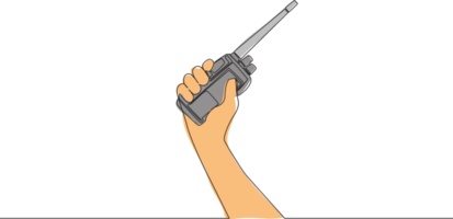 einer Single Linie Zeichnung von Mann halten Walkie Talkie zu kommunizieren. Kommunikation Gerät Konzept. kontinuierlich Linie zeichnen Vektor Design Illustration png