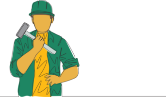 solteiro contínuo linha desenhando do jovem artesão segurando martelo e vestindo uniforme com capacete. faz-tudo casa renovação serviço conceito. 1 linha desenhar Projeto ilustração png