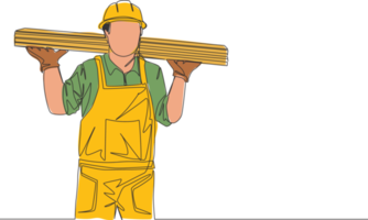 One continuous line drawing of young lumberjack wearing uniform, helmet and glove while carrying woods stack. Carpenter building maintenance service concept. Single line draw design illustration png