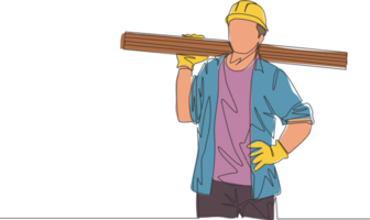 Single continuous line drawing of young lumberjack wearing helmet and glove while carrying stack of woods. Carpenter building maintenance service concept. One line draw design illustration png