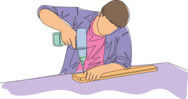 Single continuous line drawing of young carpenter drilling wooden board. Repairman construction maintenance service concept. One line draw design illustration png