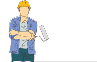 Single continuous line drawing of young handyman wearing building construction uniform while holding paint roller. Painter wall renovation service concept. One line draw design illustration png