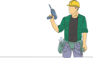 One single line drawing of young handyman wearing uniform while holding drill machine. Repairman construction maintenance service concept. Continuous line draw design illustration png