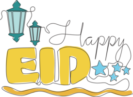 Single continuous line drawing of Happy Eid Al Fitr Mubarak and Ramadan Kareem concept. Islamic holiday calligraphic design for print, greeting card, banner, poster. One line draw design illustration png