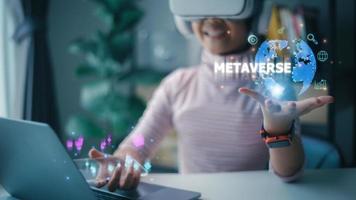 Women wearing VR glasses have virtual Global Internet connection metaverse with a new experience in a metaverse virtual world. Metaverse technology concept Innovation of futuristic. photo