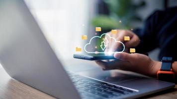 Businesswomen with cloud computing diagram. Cloud technology. Data storage. Networking and Internet service concept. photo