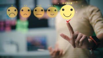 Users give ratings to service experience, Customer satisfaction concept. Positive emotion happy smile face five stars and crown, feedback, service, survey, standard quality. certification photo
