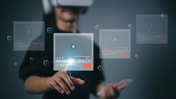 Women Wearing VR for streaming online on virtual screen, watching videos on the internet, webinars online, education on the internet, e-learning concept, Internet Technology Webinar, Online Courses, photo