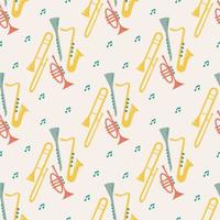 Vector seamless pattern of musical wind instruments with notes. Isolated on beige background orchectra - saxophone, clarinet, wind trumpet, trombone.