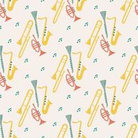 Vector seamless pattern of musical wind instruments with notes. Isolated on beige background orchectra - saxophone, clarinet, wind trumpet, trombone.