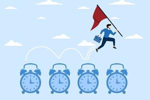 fast paced project concept, Time management, procrastination or work productivity, completing project within deadline, efficiency or planning, expert entrepreneur jumping on time past the alarm clock. vector