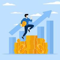 money success or financial concept, successful investment, wealth growth or getting rich, stock market returns, rich businessman jumping high above pile of money coins with growth chart. vector