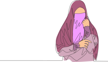 uno continuo línea dibujo de joven belleza asiático muslimah vistiendo burka mientras participación su mano. tradicional hermosa islámico mujer niqab vestir concepto soltero línea dibujar diseño vector ilustración png