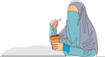 ett enda linje teckning av ung Söt asiatisk muslim bär burka medan dricka kopp av kaffe. traditionell skönhet arab kvinna niqaab trasa begrepp kontinuerlig linje dra design vektor illustration png