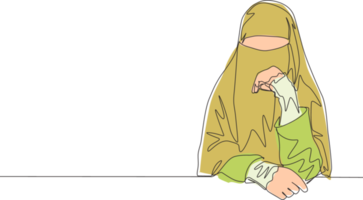 uno soltero línea dibujo de joven contento belleza saudi árabe muslimah vistiendo burka y sentado en silla. tradicional árabe mujer niqab paño concepto continuo línea dibujar diseño vector ilustración png