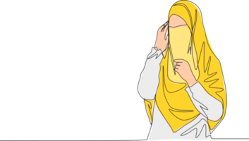 uno continuo línea dibujo de joven contento linda saudi árabe muslimah vistiendo burka con velo hiyab tradicional islámico belleza mujer niqab vestir concepto soltero línea dibujar diseño vector ilustración png