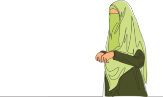 een single lijn tekening van jong mooi mooi midden- oosten- muslimah vervelend boerka met sluier. traditioneel schoonheid Arabisch vrouw Niqab kleding concept doorlopend lijn trek ontwerp vector illustratie png