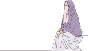 uno soltero línea dibujo de joven atractivo medio este muslimah vistiendo burka sentado en silla. tradicional hermosa árabe mujer niqab paño concepto continuo línea dibujar diseño vector ilustración png